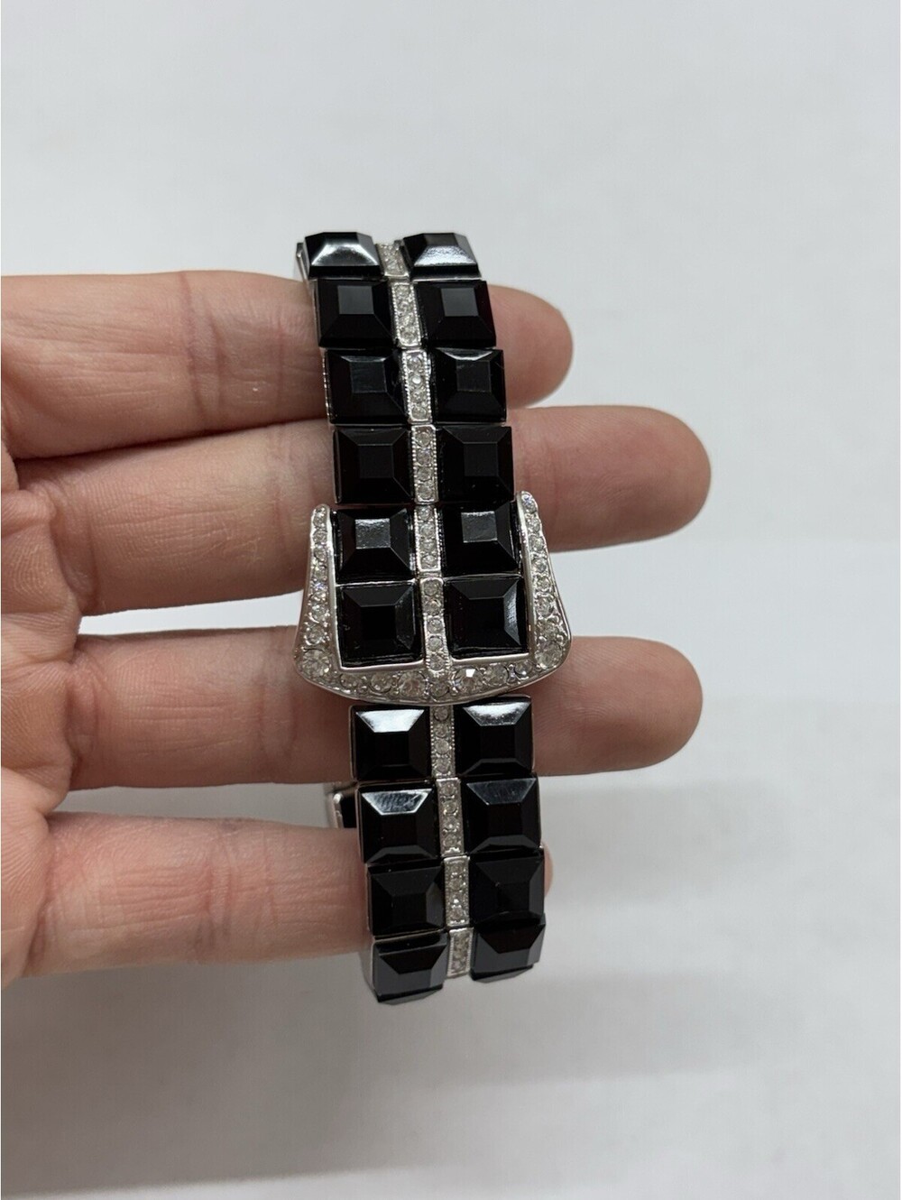 Kenneth Jay Lane (KJL) Black and Silver Rhinestone Stretch Bracelet belt buckle